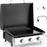 Captiva Designs 22 in Flat Top Grill with Ceramic Coated Cast Iron Pan, Portable Tabletop Propane Gas Griddle Grill for Camping, Outdoor & Tailgating Barbecue, 24,000 BTU Output, 3 Burners
