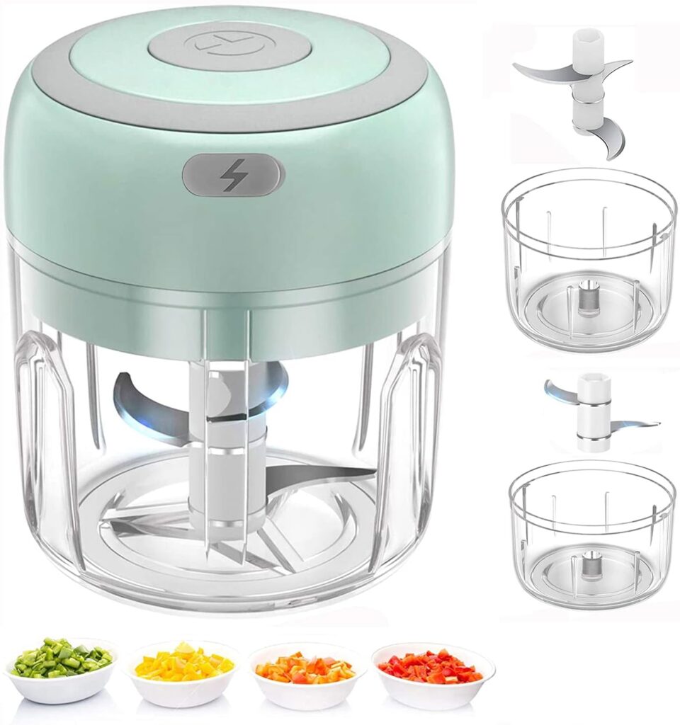 Electric Mini Food Chopper, Rechargable Small Food Processor for Garlic, Puree, Onion, Herb, Veggie, Ginger, Fruit Blender (250ml+100ml 2 cups, Green)