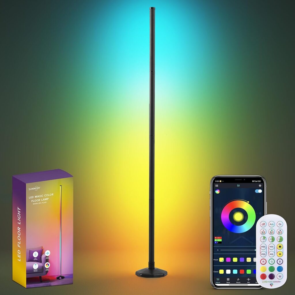 SUNMORY RGB LED Floor Lamp, 57″ Corner Lamp with 80+ Scene & Timer, Smart Modern Ambient Lighting with Music Sync & 16 Million Colors, Remote & App Floor Lamps for Living Room, Gaming Room, Bedrooms
