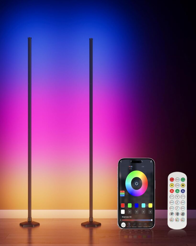 2PCS RGB Floor Lamp, Bluetooth APP and Remote Control 65″ Smart Modern Standing Lamp Music Sync 16 Million DIY Colors Changing LED Floor Lamp with Heavy Base