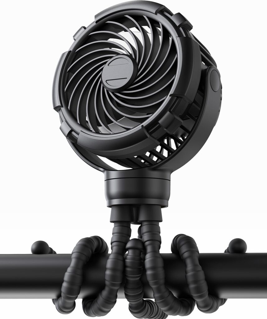 Stroller Fan, Rechargeable with TYPE-C Port, 4000mAh, 360° Rotatable, 3-Speed, Flexible Tripod, Clip Anywhere for Baby’s Comfort – Durable and Easy to Clean