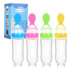 Baby Food Feeder 4 Pack Silicone Baby Food Dispensing Spoon-WAJIAYON, 3 oz Squeeze Feeding Spoons with Suction Cup for Boys Girl Kids Toddlers – Self Feeding Bottle Spoon