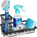 Consumest Sponge Holder for Kitchen Sink – Kitchen Sink Caddy Organizer with Removable Drip Tray for Countertop Dish Soap Dispenser Brush Storage Accessories 304 Stainless Steel – Black
