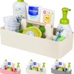 Baby Shower Caddy Plastic Nursery Portable Storage Organizer Caddy Tote for Child/Kids, Divided Basket Bin with Wood Handle for Bathroom, Dorm Room, Holds Hand Soap, Bottles, Spoons (Beige)