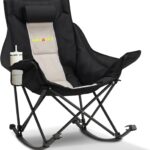 Oversized Rocking Camping Chair with Headrest & Cup Holder – 400lbs Capacity, 600D Oxford Fabric, Easy Fold Portable Outdoor Rocker Chair for Camping, Backyard, Beach, Light Gray