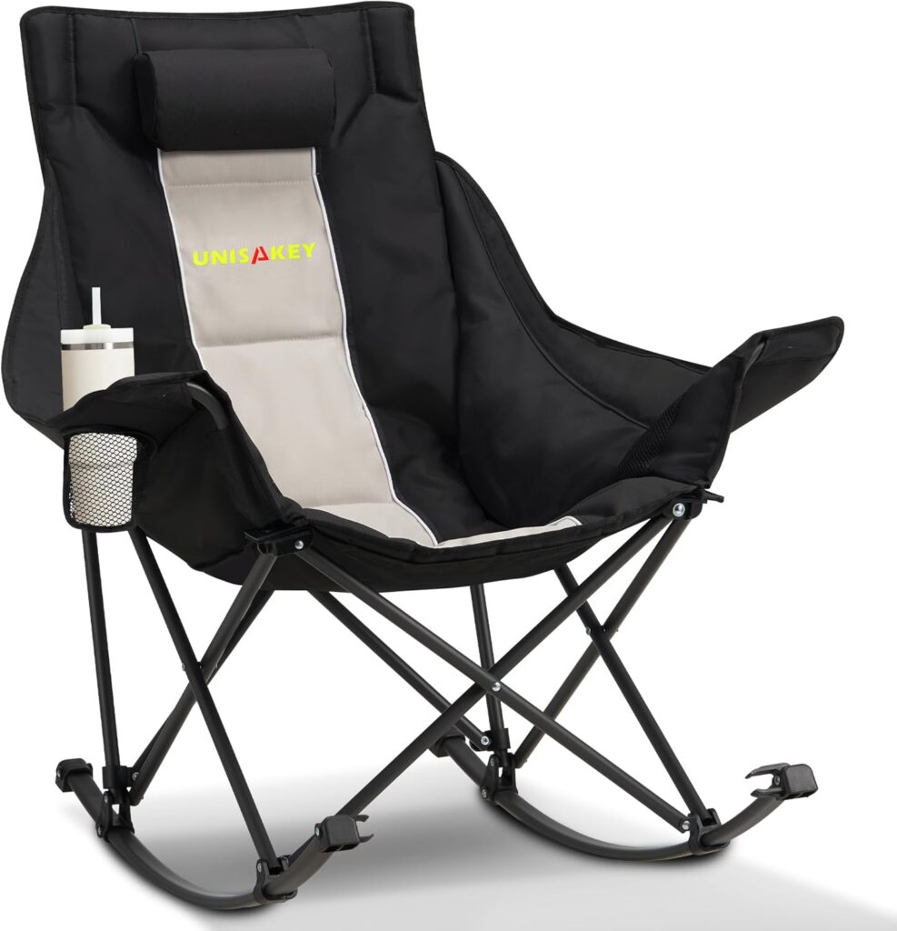 Oversized Rocking Camping Chair with Headrest & Cup Holder – 400lbs Capacity, 600D Oxford Fabric, Easy Fold Portable Outdoor Rocker Chair for Camping, Backyard, Beach, Light Gray
