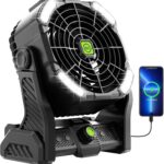 Battery Powered Fan,20000mAh Camping Essentials Rechargeable Cordless Camping Fan with LED Light & Hook，270° Pivot USB Table Battery Operated for Tent Black X26