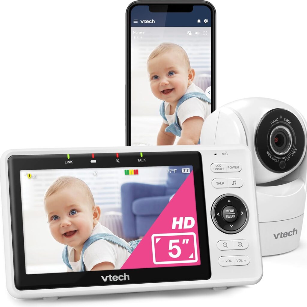 VTech Upgraded Smart WiFi Baby Monitor, 1080p FHD Camera and 5″ HD IPS Display, Free App with Motion Video, Sound/Motion Detection and Notifications, Fully Remote Pan-Tilt-Zoom: VM901