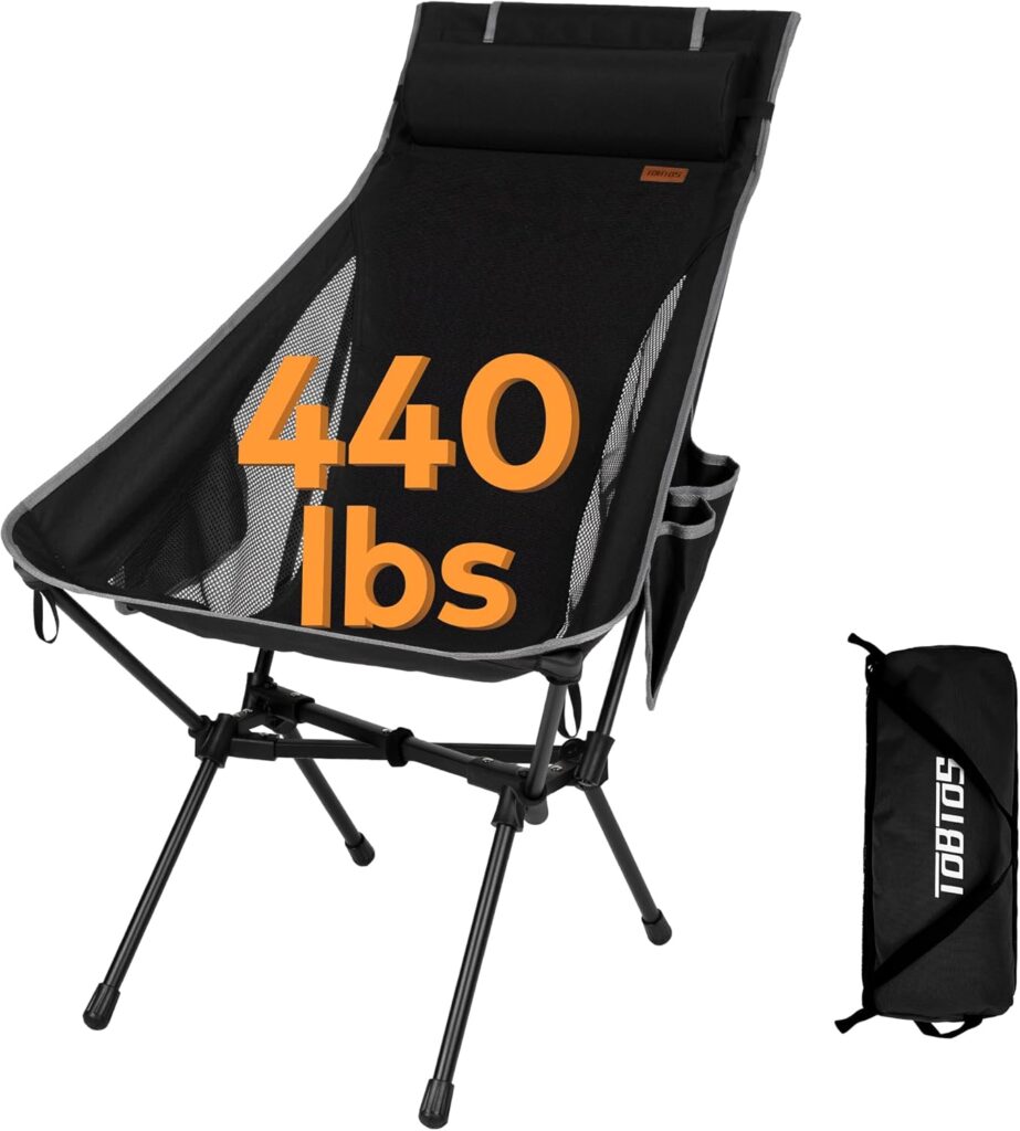 TOBTOS Portable High Back Camping Chair, Support Heavy Duty 440 lbs, Compact Folding Chair with Detachable Pillow for Camp, Hiking, Backpacking (Black)