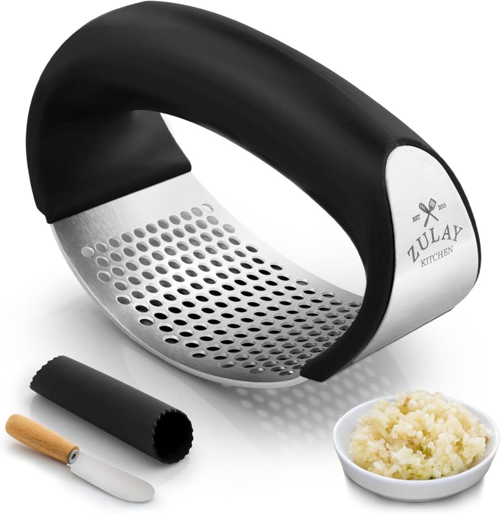 Zulay Kitchen Stainless Steel Garlic Press Rocker Set – Premium Garlic Mincer Garlic Crusher – New Innovative Garlic Crusher with Peeler and Scraper – Comfortable Grip (Black)