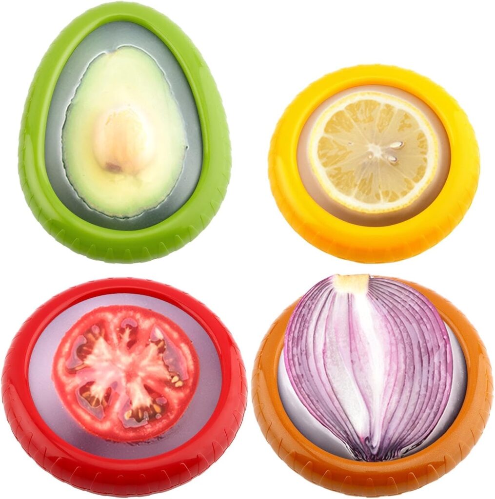 Avocado Saver and Tomato Holder – Set of 4 Reusable Storage Containers for Fridge – Ideal for Garlic, Onions, Lemons, and Potatoes