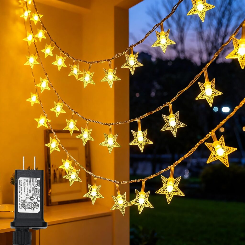 Twinkle Star 100 LED Star String Lights, 33FT Plug in Fairy String Lights Waterproof, Extendable for Indoor, Outdoor, Wedding Party, Christmas Tree, New Year, Ramadan, Garden Decoration, Warm White