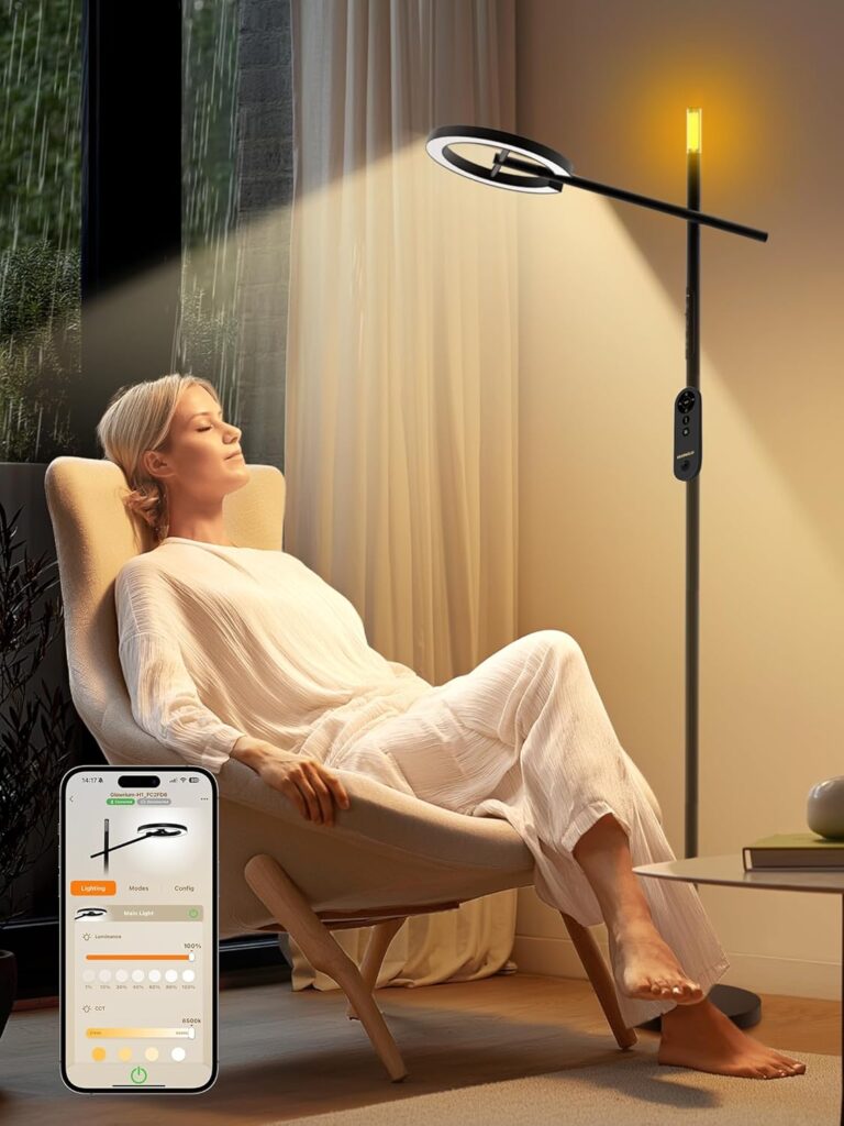 GLOWRIUM Smart Wake Up Light Therapy Lamp with App, 10000 Lux Full-Spectrum Happy Therapy Light, UV-Free Sun Lamp, Circadian Rhythm, Remote, Timer, Cozy Light Settings for Winding Down
