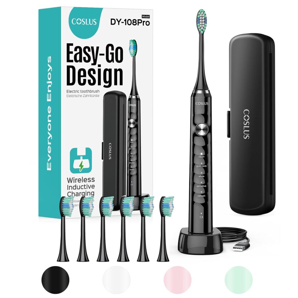 COSLUS Sonic Electric Toothbrush for Adults: 47000 VPM for Deep Cleaning & Whitening with Travel Case – 5 Modes for Sensitive Teeth & Braces, Wireless Charging, 6 Brush Heads for Home Family, Black