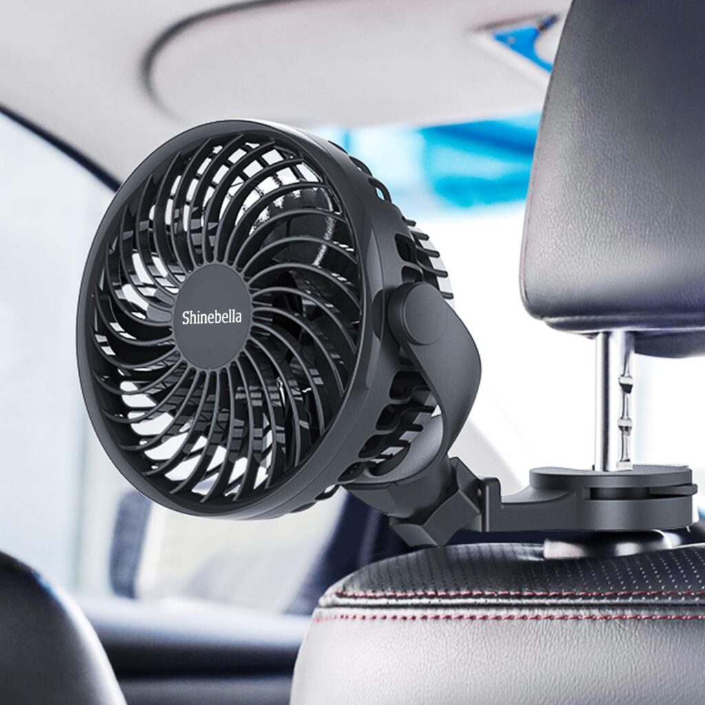 Shinebella Car Clip Fan with Rechargeable Battery – 5″ USB Powered, 4 Speeds, 360° Rotation for Back Seat, Travel,Ultra Quiet, 5V Portable Vehicle Fans, for Truck
