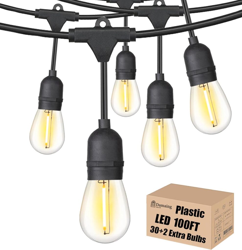 Outdoor String Lights LED 100FT Patio Lights with 32 Shatterproof S14 Dimmable Plastic Vintage Edison Bulbs and Commercial Grade Waterproof Strand Lights String for Porch Market Cafe String Lights