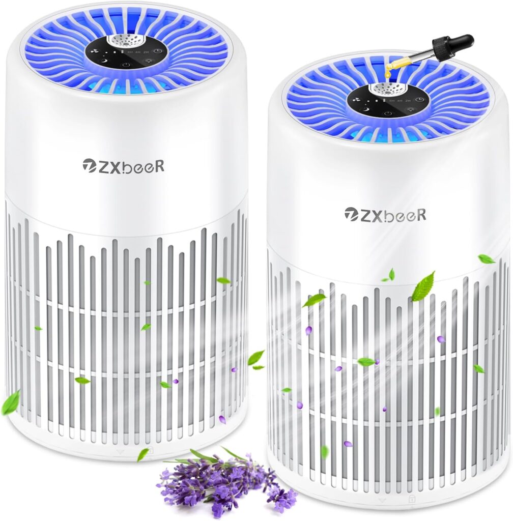 2 Pack ZXBEER Air Purifiers for Home Bedroom H13 True HEPA Air Filter, 20dB Small Air Purifier with 360° Air Inlet, Remote Control Nightlight Timer, Portable Air Purifier for Home, Living Room (White)