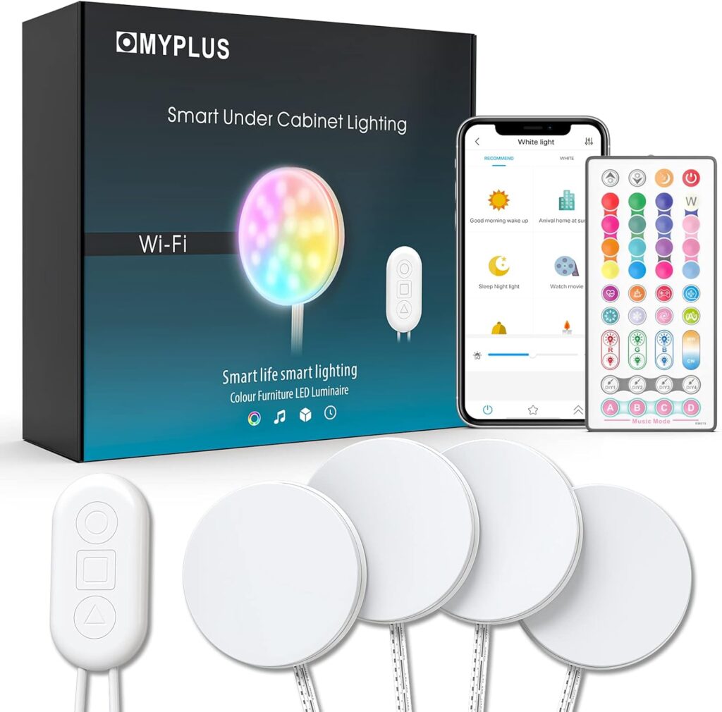 MYPLUS Smart Under Cabinet Lights, Ambiance Puck Lights Compatible with Alexa and Google Home,WiFi Controlled Dimmable and RGB Color Smart Lamp Fixture (7cm-4PCS)