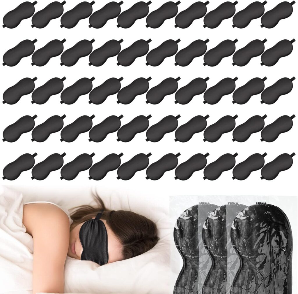 Newcotte 50 Pcs Silk Sleep Eye Mask for Sleeping Adjustable Elastic Strap Blackout Smooth Soft Eye Covers No Pressure Sleep Mask for Women and Men Comfortable Blindfolds(Black)
