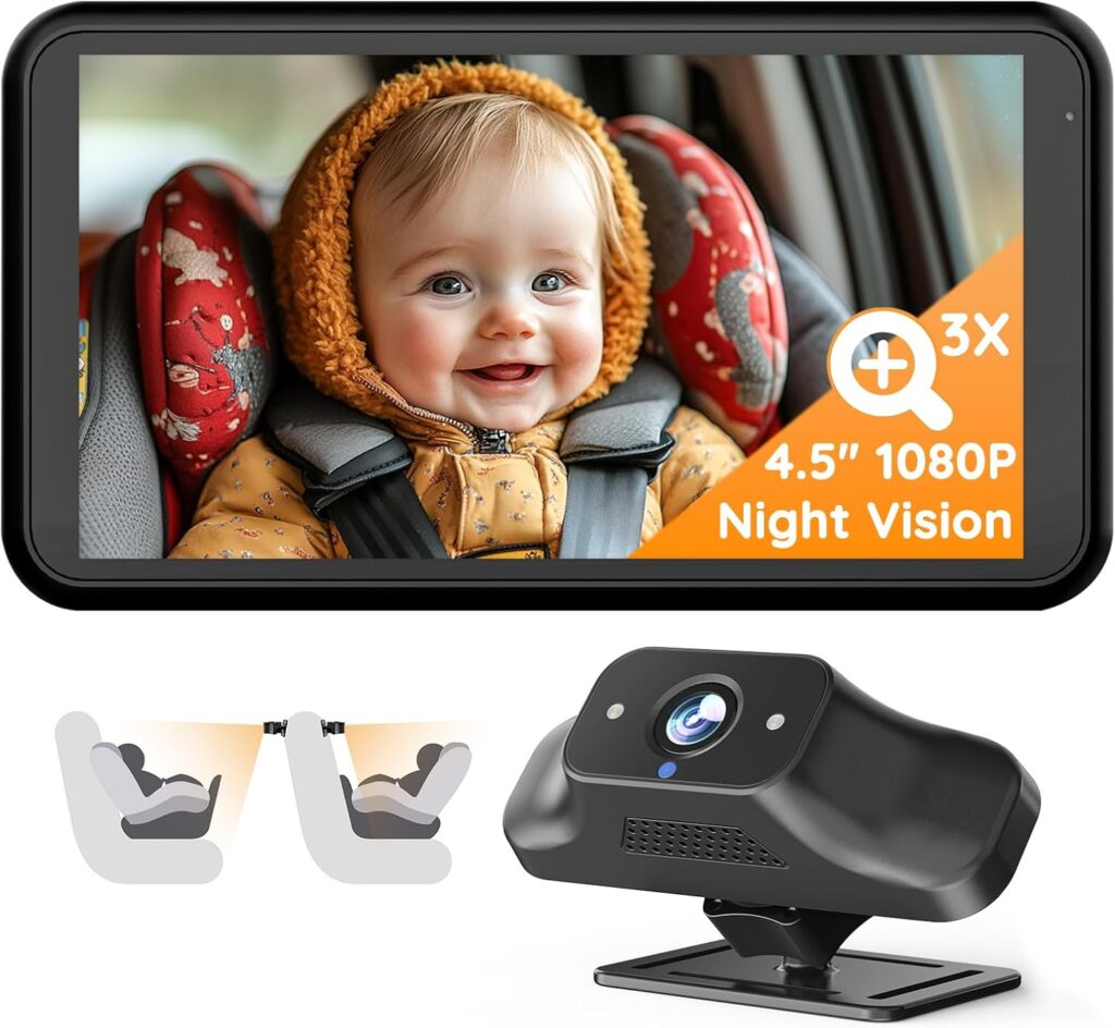 BC1 Baby Car Camera, 4.5″ 1080P HD Screen & 3X Zoom, IR Night Vision Car Baby Monitor with Adjustable Brightness, Easy Install Car Seat Camera for Babies & Pets to Drive Safely