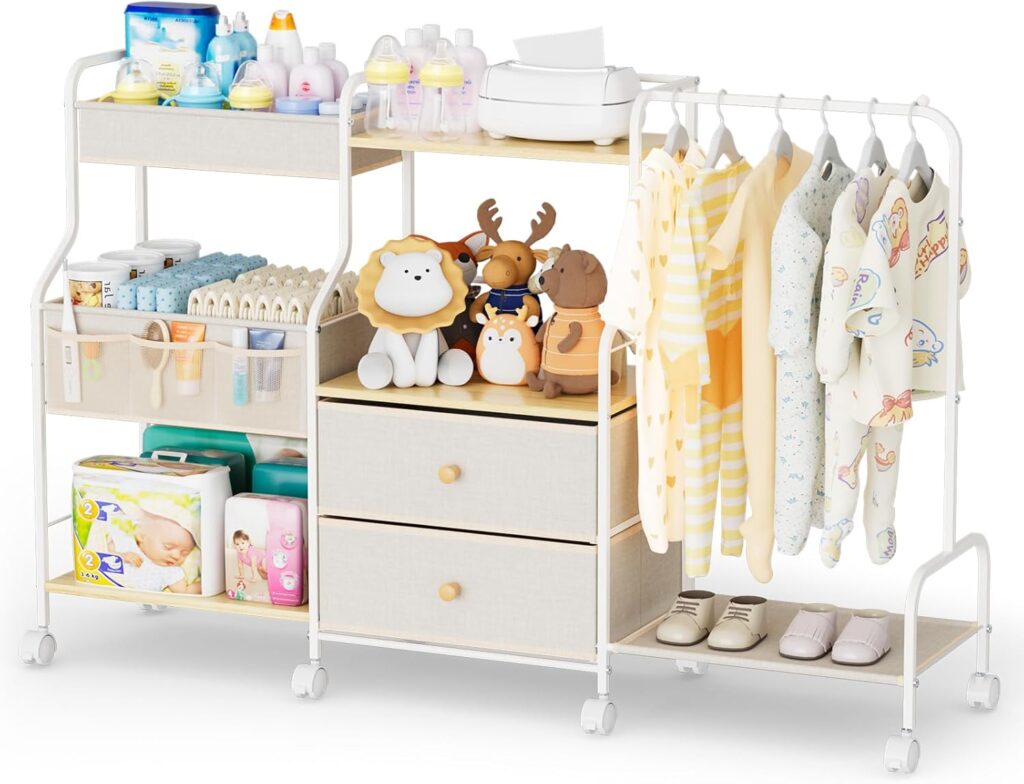 BBLIKE Diaper Caddy Organizer with Hanging Rack – 3 Tier Rolling Utility Cart with Drawers and Dividers for Baby Bottle Storage – Bedside Cart for Changing Station, Crib, Nursery, Bedroom, Beige