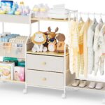 BBLIKE Diaper Caddy Organizer with Hanging Rack – 3 Tier Rolling Utility Cart with Drawers and Dividers for Baby Bottle Storage – Bedside Cart for Changing Station, Crib, Nursery, Bedroom, Beige