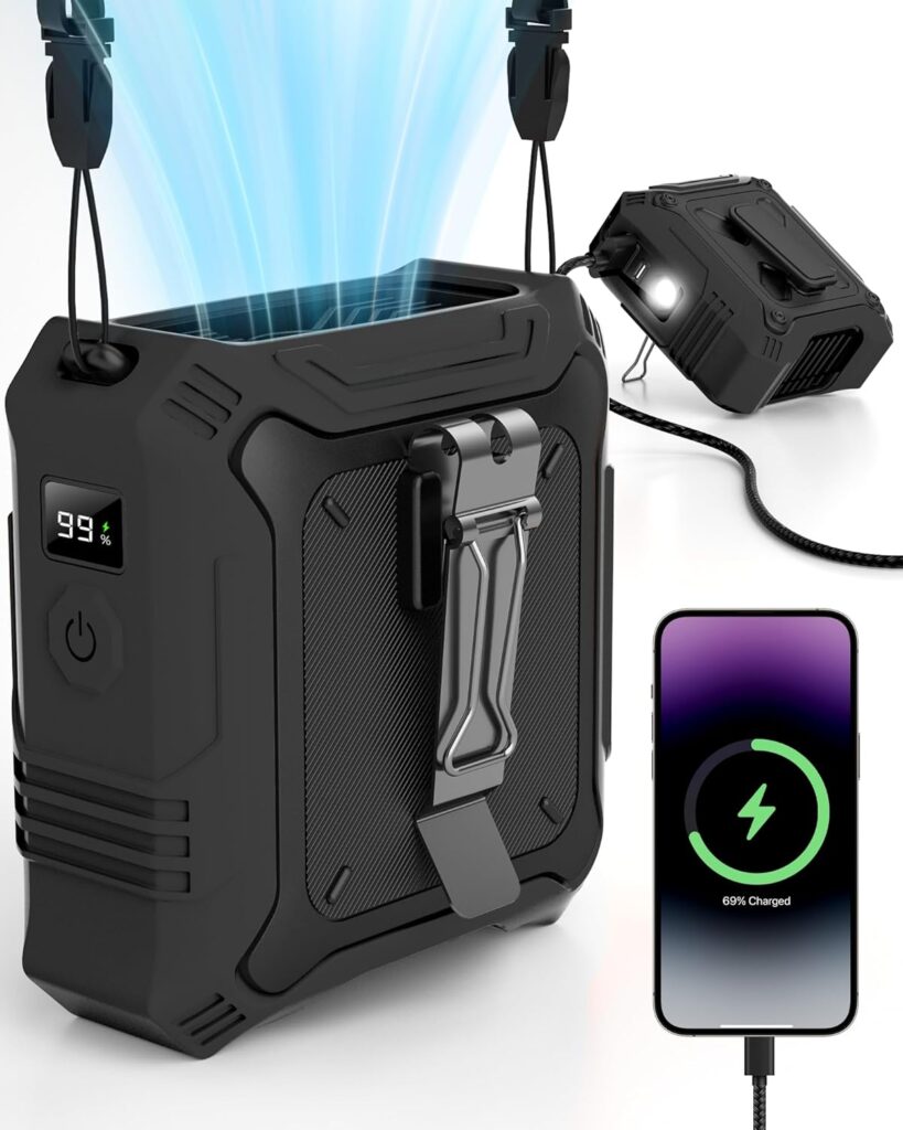 Portable Fan with 5-Speed Settings, Dual-Sided Clip on Wearable Belt Waist Fan for 8000mAh, 2 Settings including Flashlight,Travel Essential for Outdoor Camping as Power Bank