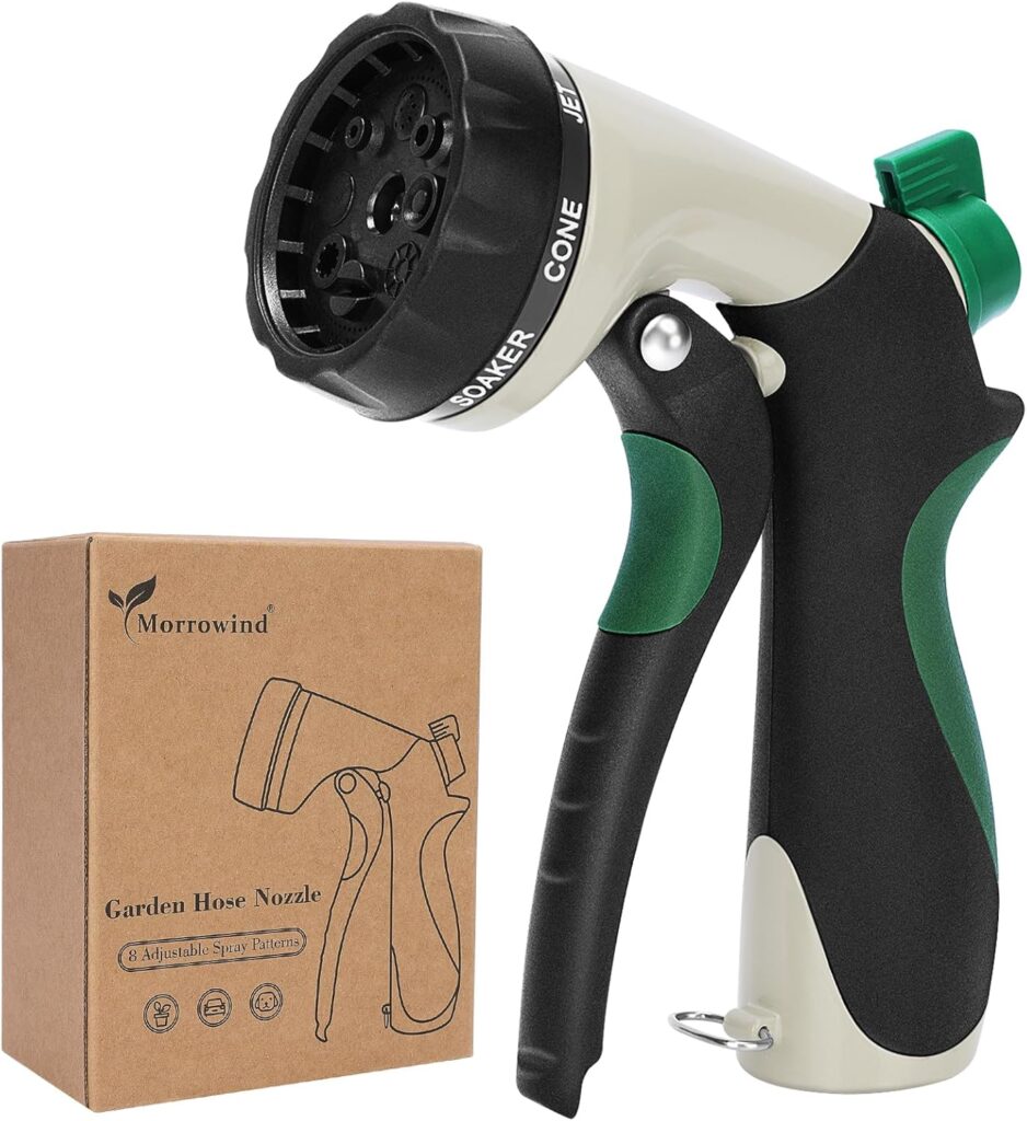 MORROWIND Garden Hose Nozzle, Heavy Duty Metal Water Nozzle with 8 Adjustable Spray Patterns, High Pressure Ergonomic Flow Control for Watering Plants, Lawns, Washing Cars, Pets, Black with Green