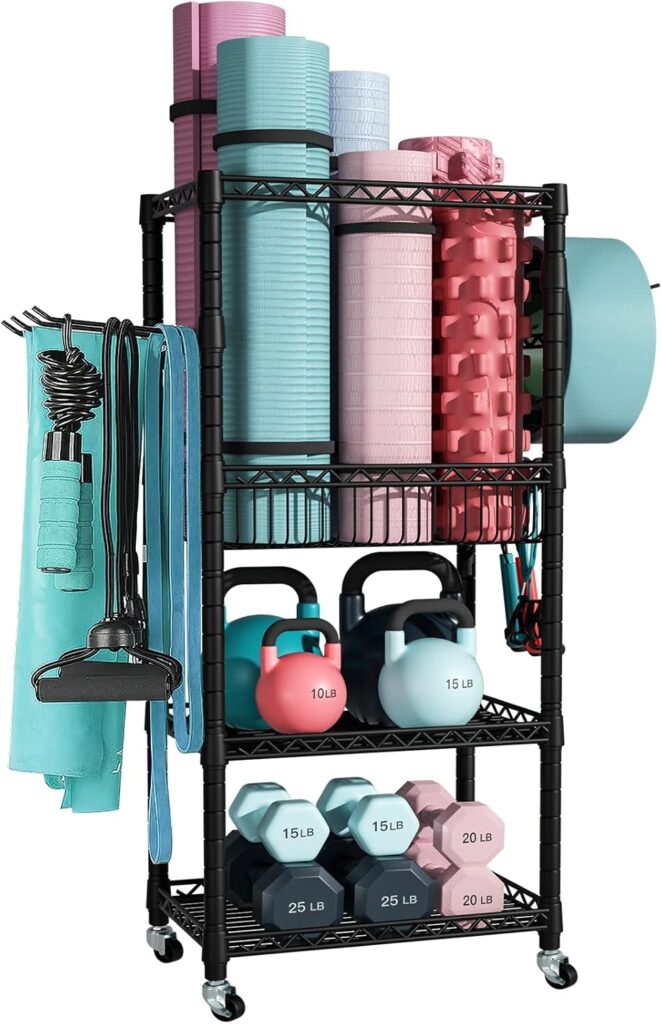 FUTASSI Home Gym Storage, 3 Tiers Workout Equipment Organizer with Wheels for Yoga Mats, Foam Roller, Dumbbells, Kettlebells, and Resistance Bands