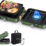 OGERY 2-Burner Foldable Camping Stove with Griddle (Textured & Smooth) and Carrying Bag, Portable Propane Camp Stove with 2 Adjustable Burners & Piezo Ignition, for Camping Tailgating Essentials Gear