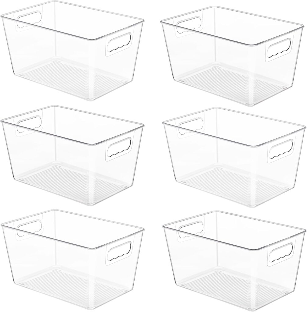 YIHONG 6 Pack Clear Pantry Organizer Bins, Plastic Containers with Handle for Kitchen,Freezer,Cabinet,Closet,Bathroom Under Sink Storage