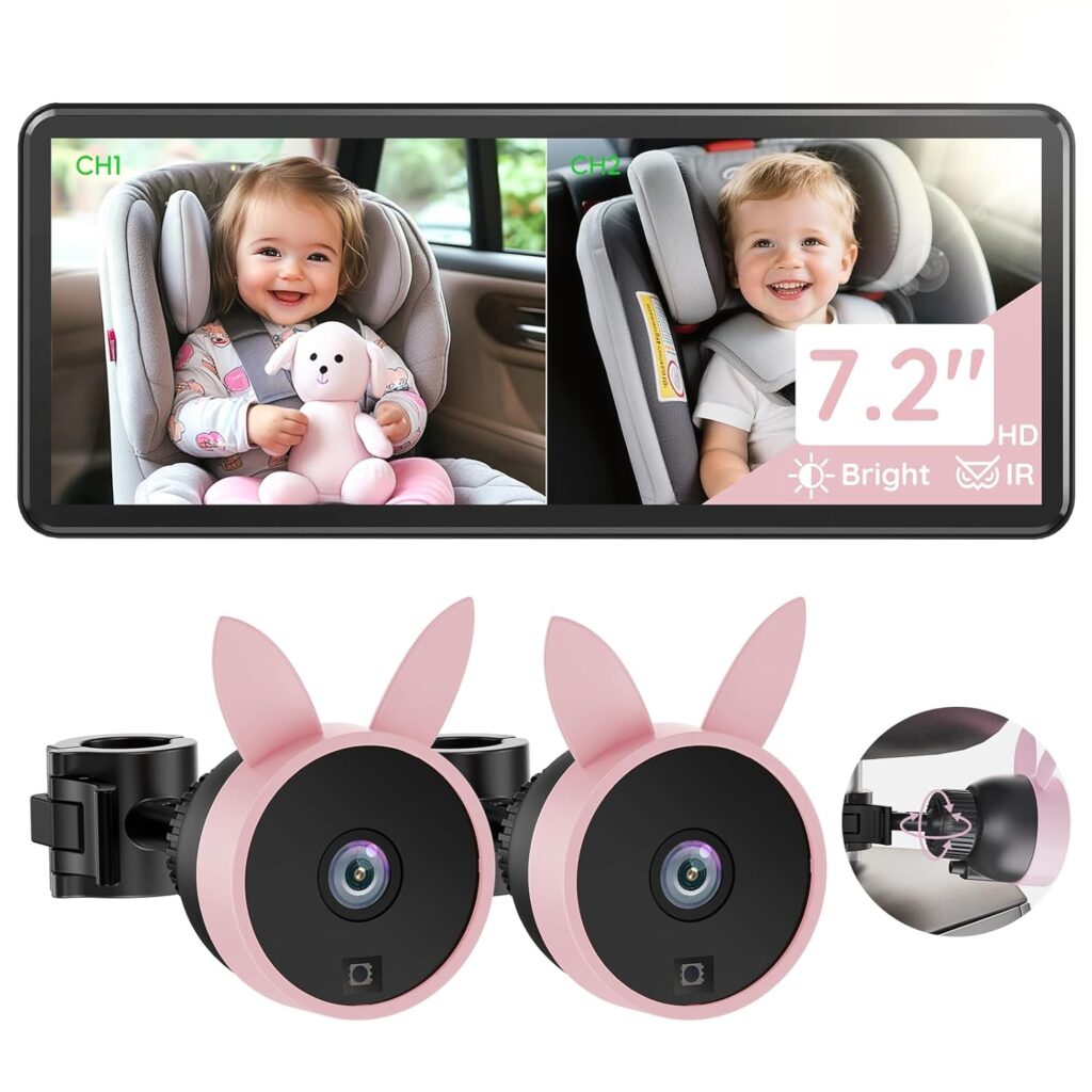 BV3PRO 7.2″ 1080P HD Dual Camera Car Baby Monitor for 2 Kids, IR Night Vision, Easy Installation, Brightness Adjustment, Car Seat Camera, Ideal Gift for Girls and Pets Monitoring