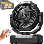 Battery Operated Fan [200H Max], 2 in 1 D-Cell Battery & USB Powered Fans, Portable Camping Fan with 4 Speeds, Light, Timer, Remote for Outdoor Tent, Travel, Picnic, Office, Bedroom – Black