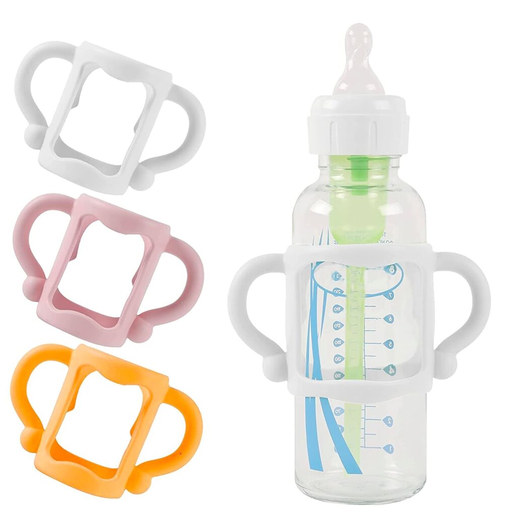 (3-Pack) Bottle Handles for Dr Brown Baby Bottles with Easy Grip Handles to Hold Their Own Bottle – BPA-Free Soft Silicone (White Pink Orange)