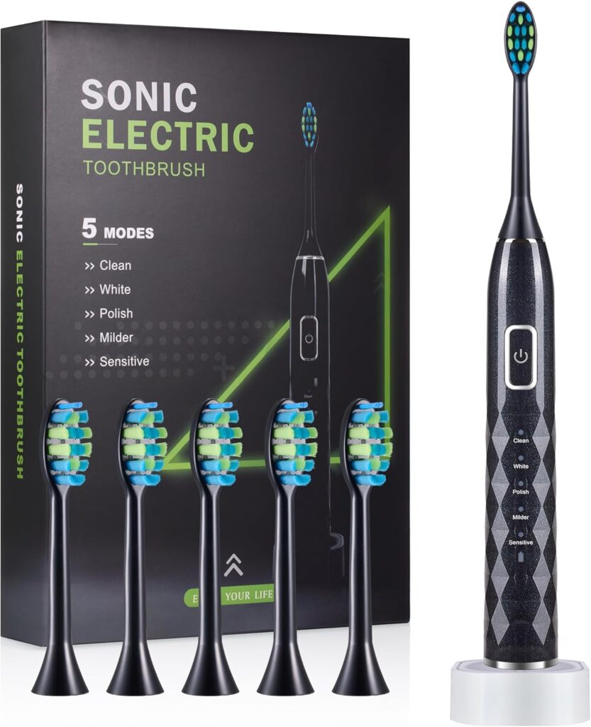 Sonic Electric Toothbrush for Adults – Deep Cleaning Teeth Whitening6 Replacement Brush Heads100-Day Battery5 Modes w/SensitiveIPX7 Waterproof (Color Options)