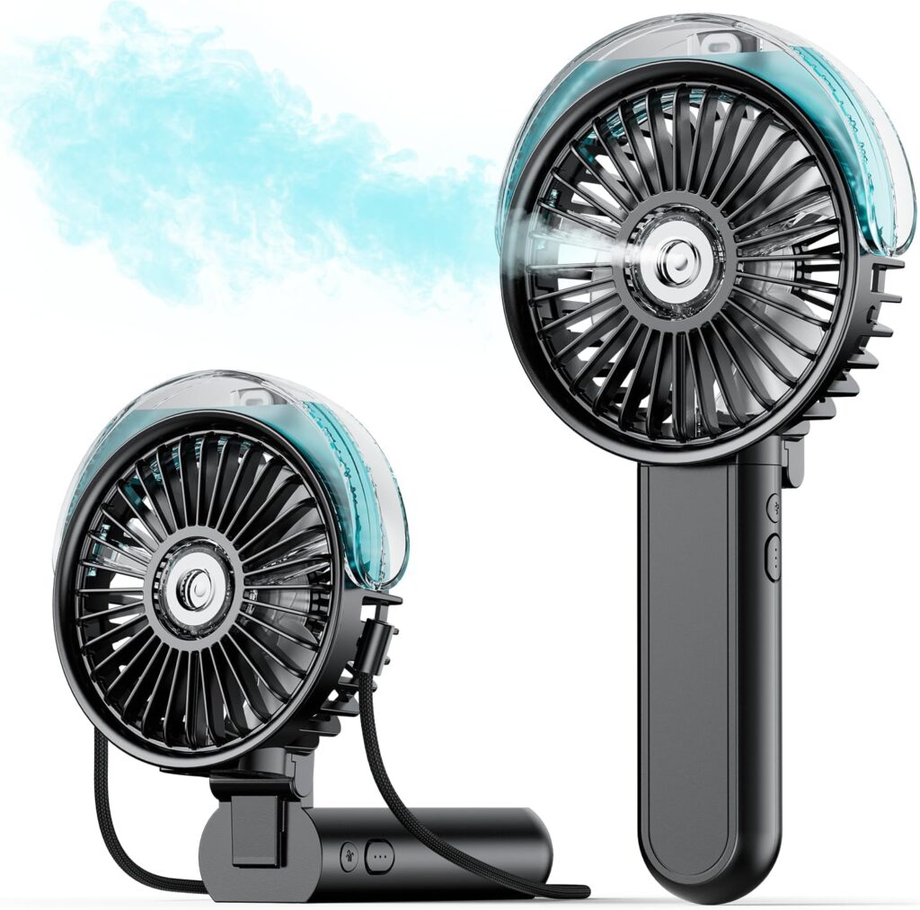 SWEETFULL Portable Misting Fan – 180° Foldable Handheld Personal Fan with Mist Spray, 3 Speeds, 30ml Water Tank, USB Rechargeable for Travel, Outdoors, Makeup, Camping, Home, and Office Use