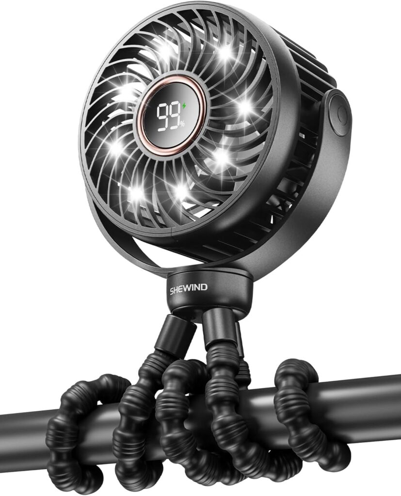 Stroller Fan, 4000mAh Portable Battery Operated Smal Clip on Fan, 4 Speed Rechargeable Mini Personal Cooling, Travel for Baby Car Seat Crib(Black)