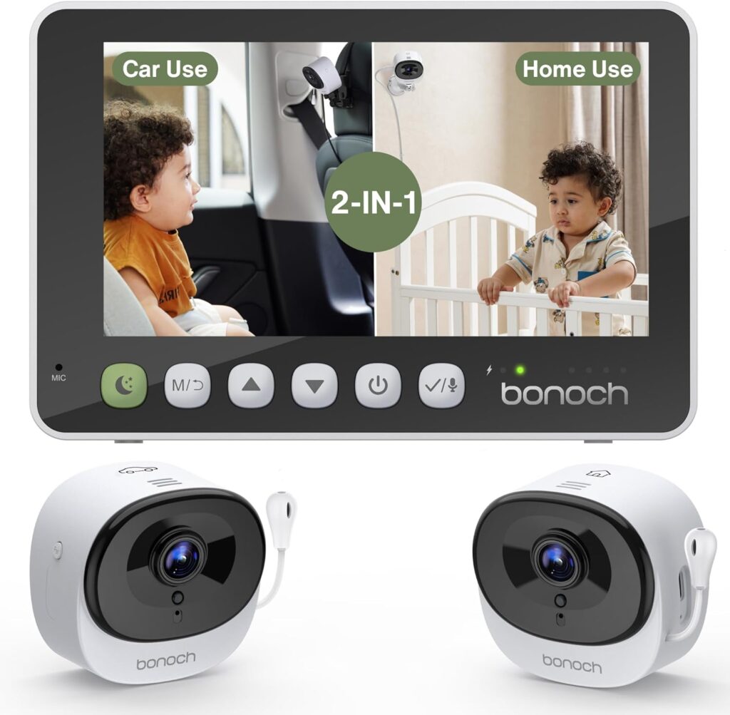 bonoch 2-in-1 Car Home Dual-Use Baby Monitor, 5″ 1080P HD Clear View Wireless Monitor, 2 USB Powered Cameras for Baby, Seamless Transition Between Car & Home, 360° Rotatable, Night Vision