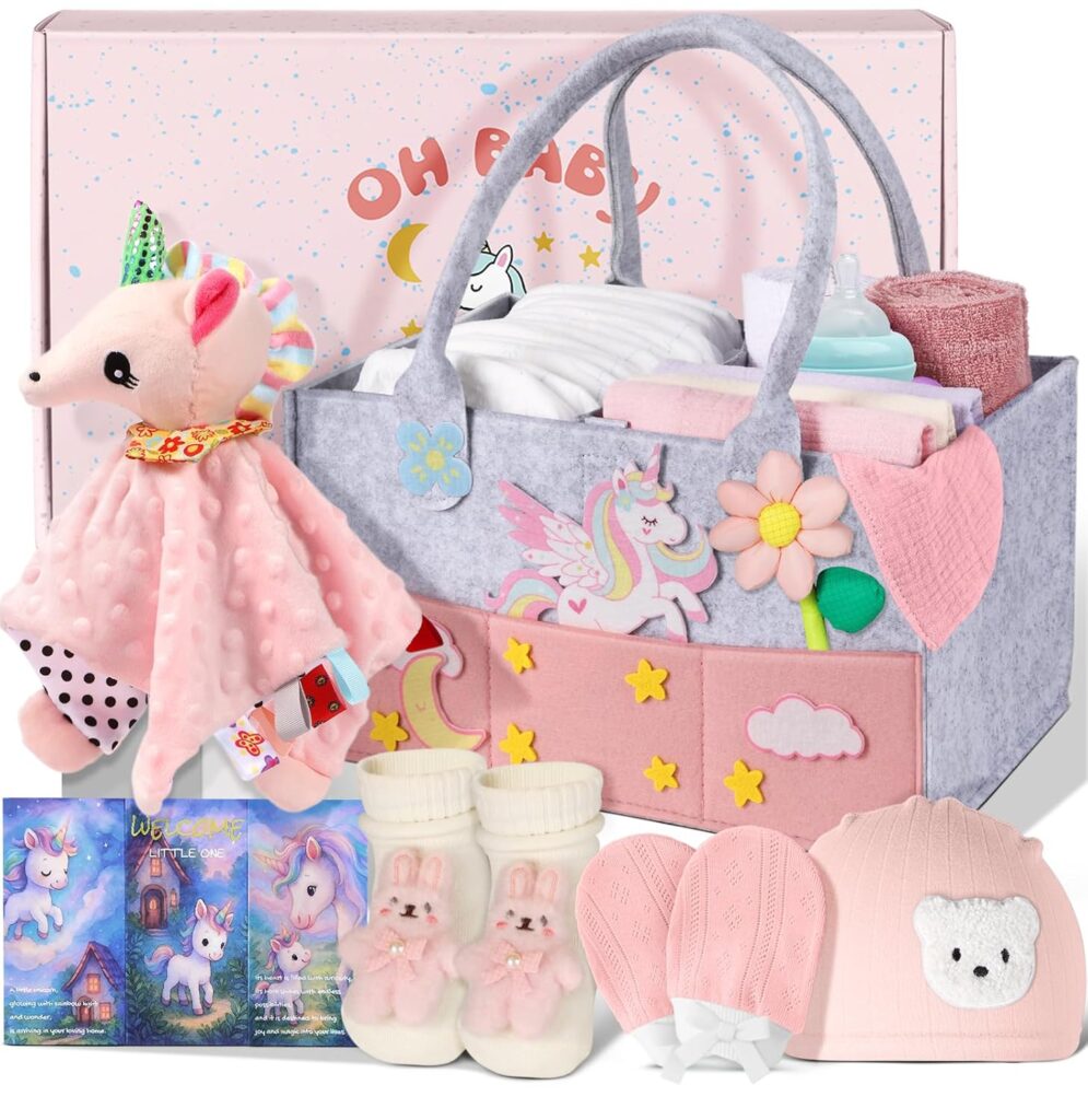 Coralogo Baby Shower Gift Basket – Baby Gift Set with Practical Diaper Caddy, Gifts for New Mom, Gender Reveal Gifts, New Born Essential Include Security Blanket Hat Bib Socks Mittens, Girl
