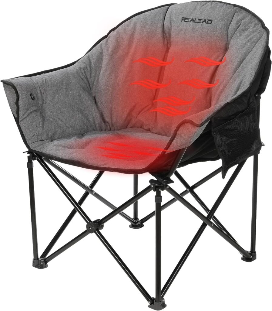 REALEAD Oversized Heated Camping Chair | Fully Thick Padded | Heated Chairs for Outdoor Sports with Back and Seat Heating | Heated Folding Chair for Adults | Support 400lbs | Battery NOT Included