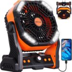 20000mAh Battery powered fan Camping Fan essentials Portable fan Battery OperatedRechargeable Outdoor Tent with Light & Hook Personal USB Desk for Camping,Orange