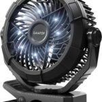 Gaiatop Portable Camping Fan with LED Lantern, 360°Rotation and Clip on for Desk, 4000mAh USB Rechargeable Battery Powered, Digital Display and Hanging Hook for Tent Outdoor Travel Bedroom Black
