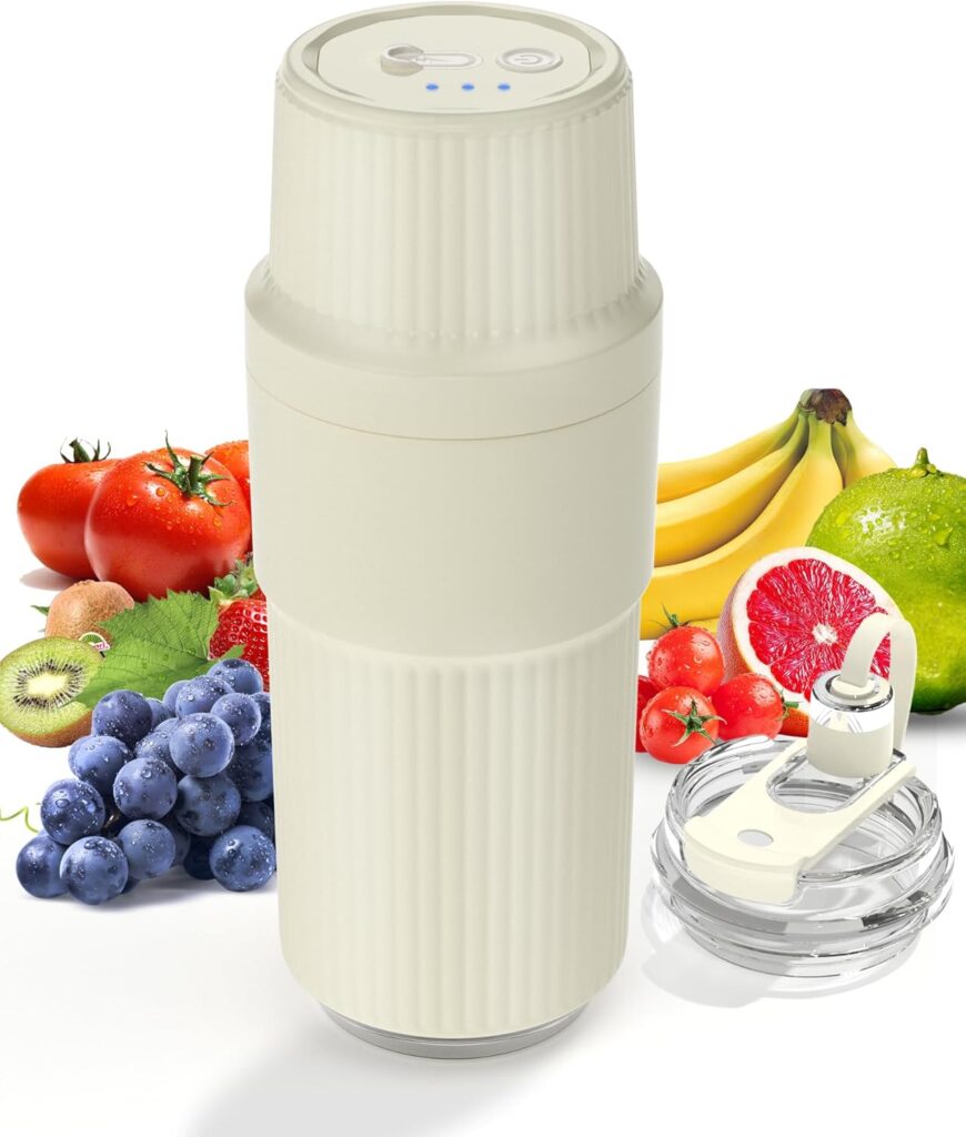 Portable Smoothie Blender, Personal Blender for Smoothies, 7.4V Motor 10 blades, Stainless Steel Cup, USB-C Rechargeable, Easy to Clean, Travel Lid, Keep Cold 24 Hours, Single Serve blender, WHITE