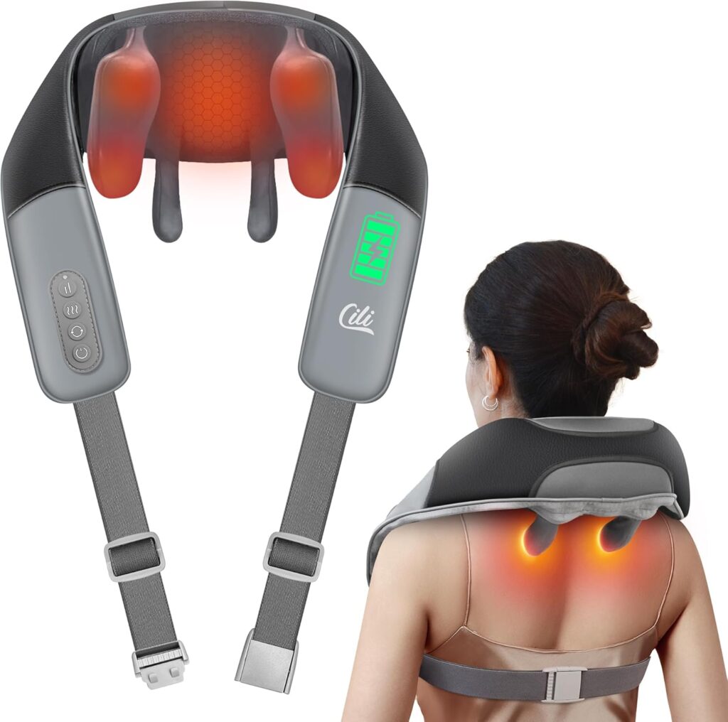 CILI Cordless Neck Massager with Heat, 4D Shiatsu Shoulder Back Deep Tissue, Neck Back Massager Pillow, Wider Massage Head & More Heating Area, Gift for Dad Mom