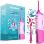 AquaSonic Kids’ Water Flosser for Ages 6+ | Standard Nozzle, Orthodontic Nozzle & Waterproof Stickers | 4 Flossing Modes | Aquarium Adventures Theme (Pink)