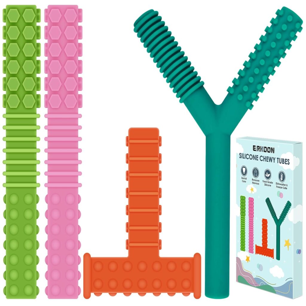 ERKOON Sensory Chew Toys for Autistic Children, 4 Pack Silicone Chewy Tube Oral Motor Tools for Sensory Kids with Autism, Biting, ADHD, SPD, Chewies with Special Needs, Teething Sticks Toys (4 Pack#1)