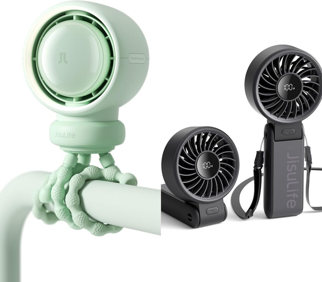 JISULIFE Baby Stroller Fan Portable & 2024 3-IN-1 Handheld Fan Life7 with Powerful Wind and Foldable Design
