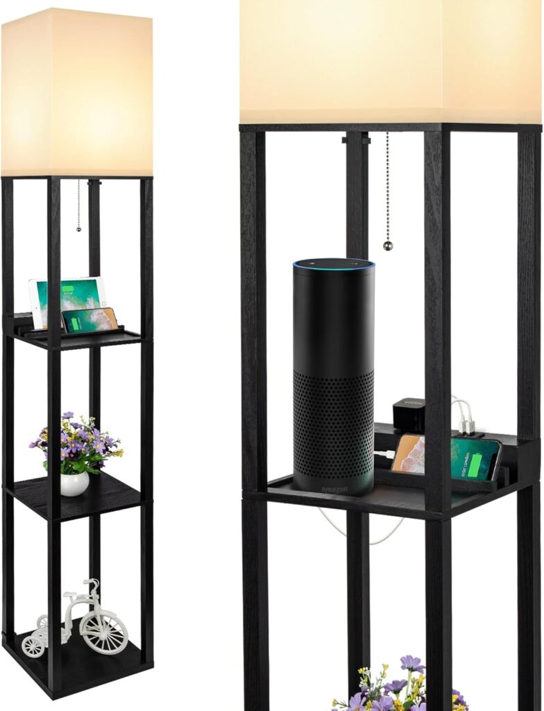 SHINE HAI 3-in-1 Shelf Floor Lamp with 1 USB&Type C&1 AC Outlet, 3-Tiered LED Bedroom Lamp, Shelf & Storage Combination Modern Standing Light