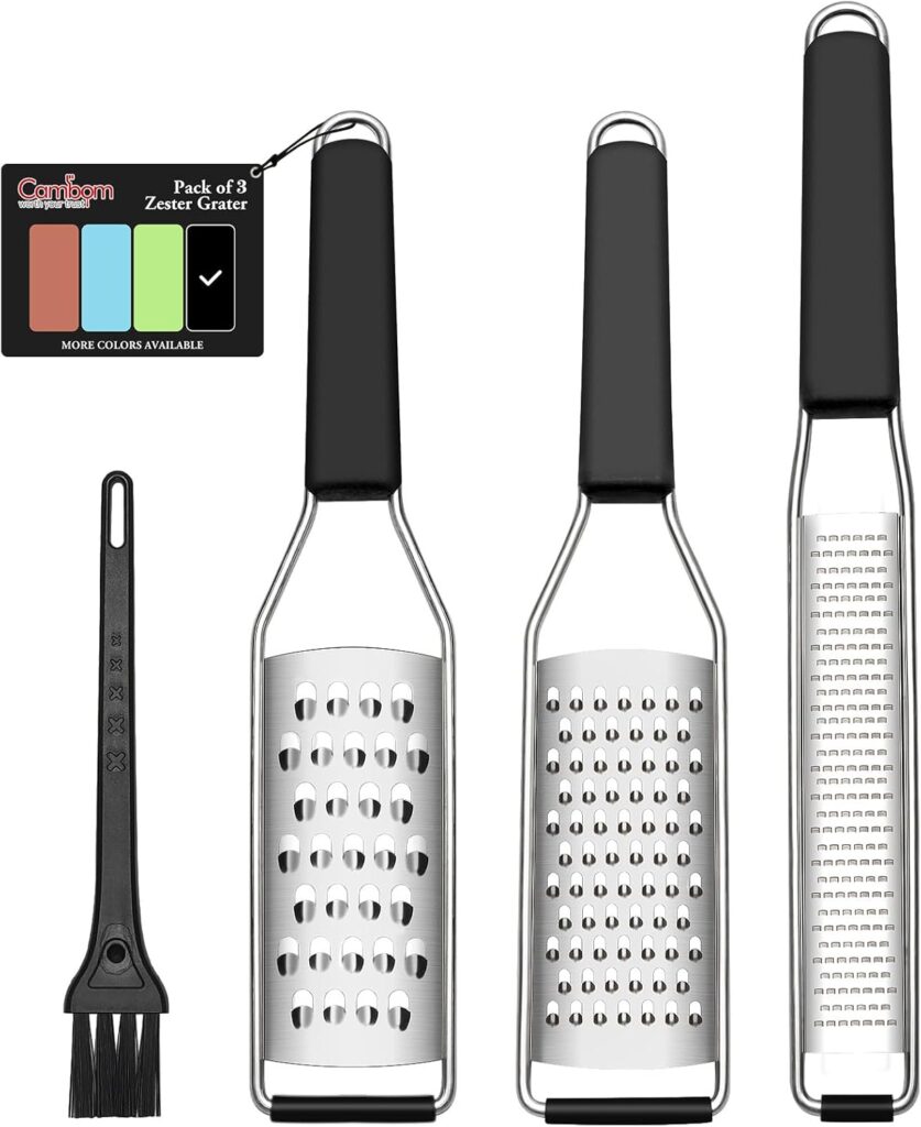 Cambom Lemon Zester Grater Three-piece Suit – Heavy Duty Kitchen Tool for Parmesan Cheese, Ginger, Garlic, Nutmeg, Chocolate, Vegetables，Fruits，Stainless Steel Grater Dishwasher Safe Black