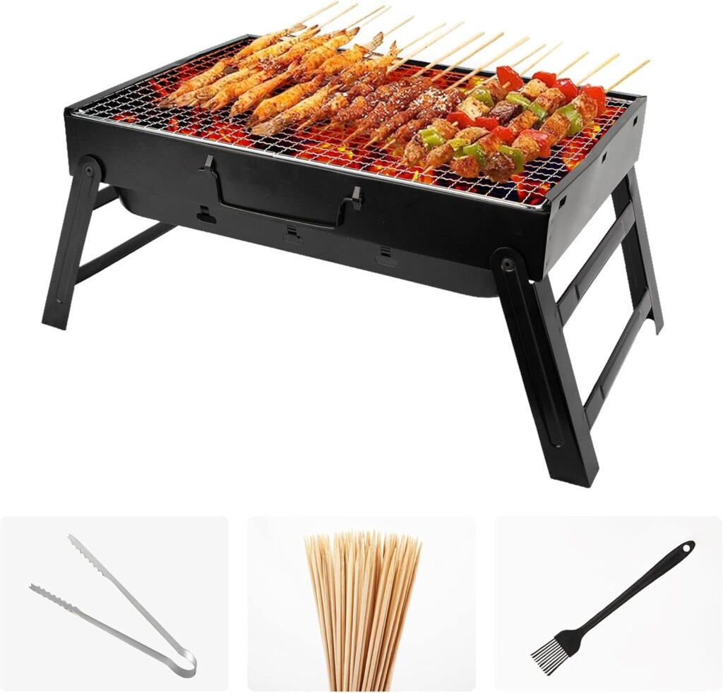 Portable Charcoal Grill for Camping Small Tabletop BBQ Grill for Picnic Trip Foldable Lightweight Barbeque Grill Set Including Tongs Skewers Basting Brush